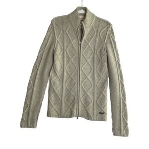Pure DKNY Wool Angora Blend Fisherman Cable Knit Zip Up Sweater Heritage Classic